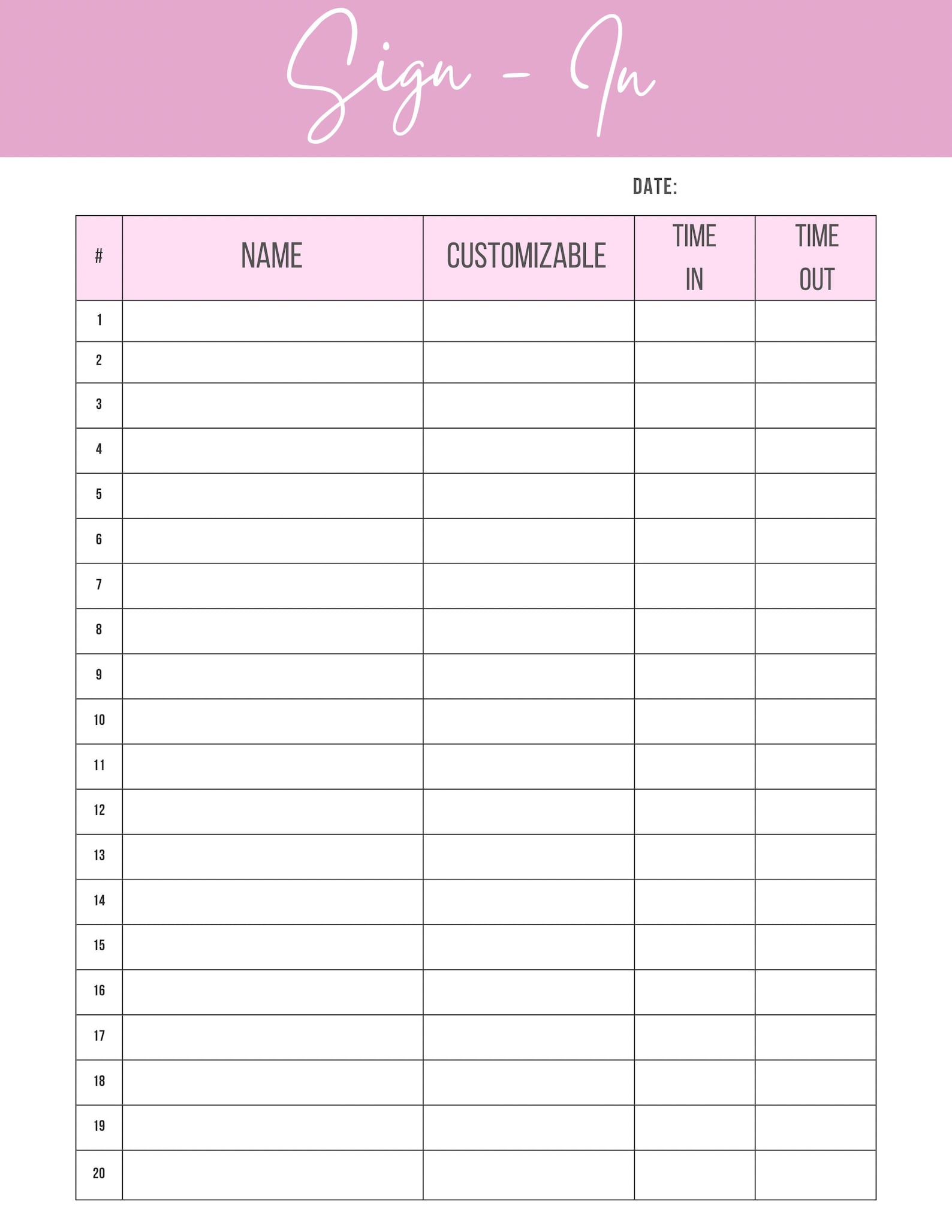 Editable Sign in Sheet, Instant Download, Sign in Sheet, Canva Template