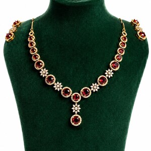 Ruby Red Artificial Stone Necklace Set - Gold Plated CZ Bridal Jewelry
