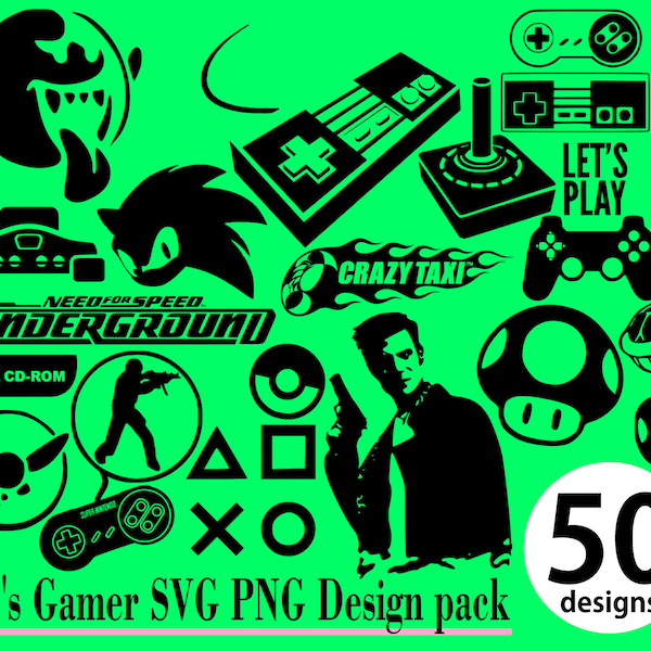90s Gamer SVG PNG 50 Design pack 80s 90s oldschool classic retro Video Games NES Sega Streetfighter arcade Mario Playstation Gaming Stickers