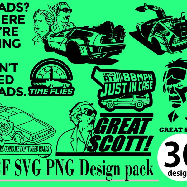 Back 2 The Future SVG PNG 30 Design Pack Marty Mcfly Delorean DMC Time machine Hill valley Hoverboard Vintage 88mph Car decal window decal