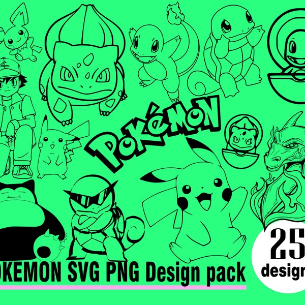 Pokemon SVG PNG 25 Design Pack Anime Pikachu Ash Charizard Squirtle Bulbasaur Pokeball Window decal Bumper stickers Pokemon trainer Phoenix