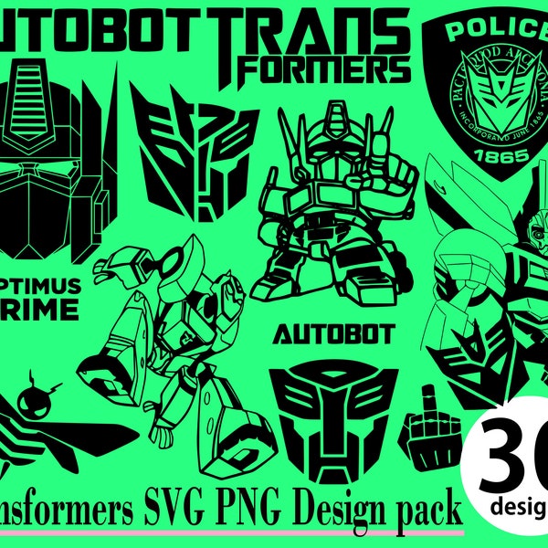 Transformers SVG PNG 30 Design Pack Bumblebee Optimus Prime Autobots Decepticons Megatron Camaro Bumper Stickers Cartoon 90s oldschool svg