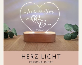 Personalized LED light with heart acrylic disc and wooden base /Wedding gift/ Initial motif / NL-023