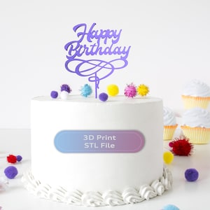 Peut inclure: Topper de gâteau "Joyeux anniversaire" en violet avec un motif de spirale décoratif. Fichier STL d'impression 3D.