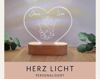 Personalized LED light with heart-shaped acrylic disc and wooden base / Wedding gift / Hands motif / NL-026