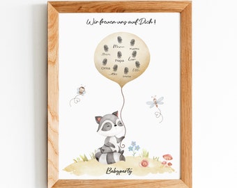 Fingerprint guest book baby shower - motif little raccoon with balloon