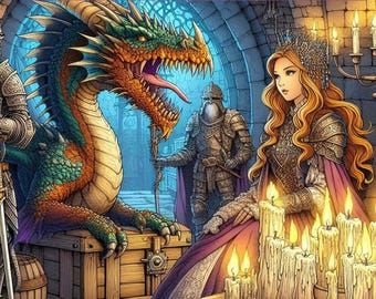 DRAKA, SLOTT OCH GROTTOR - Målarbok för vuxna och unga vuxna, drakar, slott, krigare, drakdödare, fängelsehålor