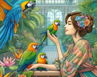 Può includere: Copertina di un libro da colorare con il testo "COLORING BOOK FOR ADULTS" e "BEAUTIFUL TROPICAL BIRDS". L'immagine presenta una donna con dei pappagalli in un ambiente verde e lussureggiante. I pappagalli sono colorati, con piume blu, verdi, arancioni e gialle.