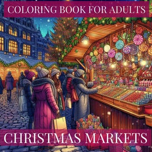 以下が含まれることがあります： キャンディーやギフトを買い求める人々で賑わうクリスマスマーケットのカラフルなイラスト。この画像は、キラキラ光るイルミネーションと降る雪で、お祭りの雰囲気満載で、塗り絵に最適です。