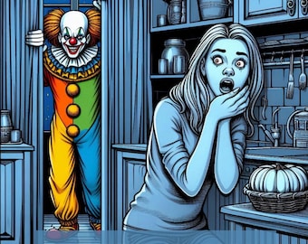 May include: A black and white illustration of a woman looking scared in a kitchen with a creepy clown peeking out from behind a door. The text "CREEPY CLOWNS" is at the bottom of the image.