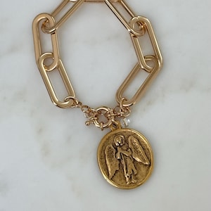 Gold Saint Raphael Medal Bracelet: Catholic Archangel Protection Jewelry