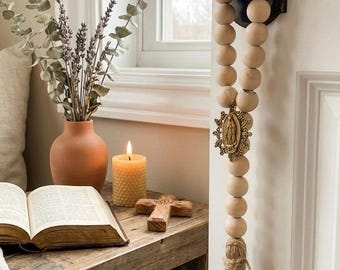 Our Lady of Guadalupe Door Hanger: Wood Beads, Home Blessing , Catholic Decor