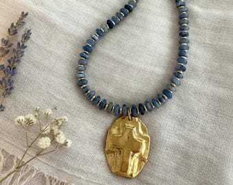 Hammered Gold Cross Pendant Necklace - Blue Quartz Beaded Jewelry