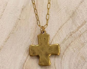 Gold Cross Pendant Necklace: 12k Gold Plated Pewter, Paperclip Chain