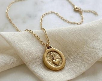 Sacred Heart of Jesus Necklace: 12k Gold Plated Pewter, Catholic Jewelry
