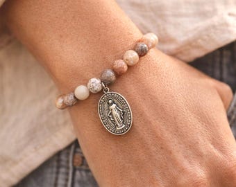 Rhodonite Bracelet: Miraculous Medal, Antiqued Silver, Catholic Gift