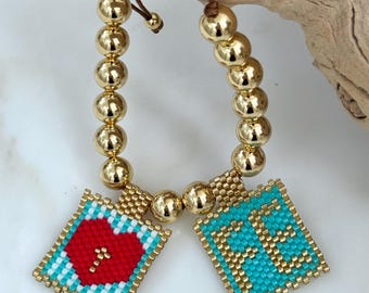 Woven Heart and FE Adjustable Bracelet  In Pearl And Miyuki Beads