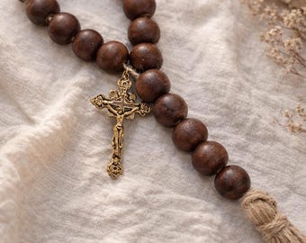 Crucifix Home Blessing Door Hanger : Expresso Wood Beads, Antique Gold Crucifix Medal
