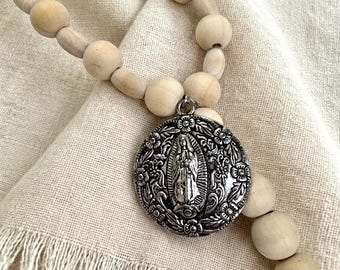 Our Lady of Guadalupe Wood Bead Garland: Catholic Home Blessing, Jute & Wood