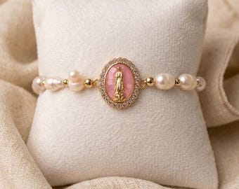Braccialetto della Madonna di Guadalupe: perline di conchiglia, regalo per Prima Comunione e Cresima.