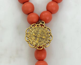 St Benedict Door Hanger: Orange Wood Beads, Catholic House Blessing