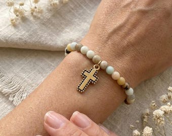 Gold Cross Bracelet in Amazonite - Religious Jewelry - Confirmation Gift