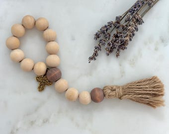Four Way Cross Decade Rosary: Cream Wood Beads, Antique Gold