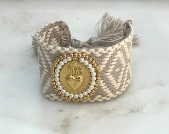 Sacred Heart Braided Bracelet: Cotton, Pearl & Copper Medal