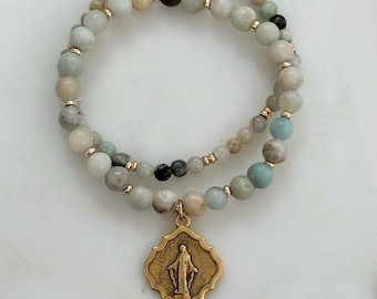 Miraculous Medal Bracelet: Quartz Stone Virgin Mary Religious Jewelry