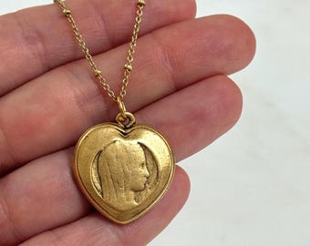 Gold Virgin Mary Heart Pendant Necklace - Blessed Mother Jewelry