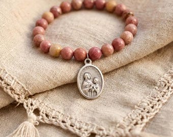 Saint Anne Rhodonite Bracelet: Oxidized Silver Medal, Catholic Gift