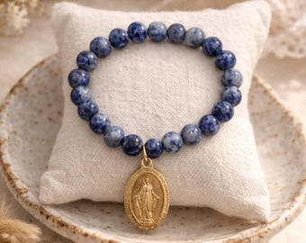 Gold Miraculous Medal Bracelet: Blue beads - Catholic Jewelry Gift