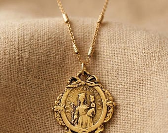 Virgin Mary Pendant Necklace: 12k Gold Plated Pewter, French Lapeyrouse Medal