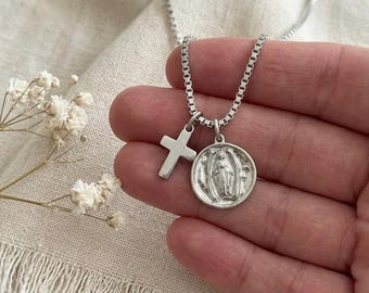 Silver Cross Necklace: Our Lady of Guadalupe Necklace - First Communion and Confirmation Gift