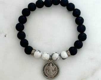 St. Benedict Medal Bracelet: Black Lava Stone & Silver