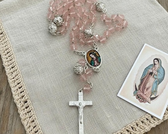 Our Lady of Guadalupe Rosary - Silver Crucifix - light pink Beads