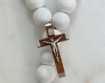 Crucifix Door Hanger: White Wood Bead & Jute Tassel