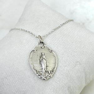 Virgin Mary Medal Necklace: Antiqued Silver Pewter, Catholic Marian Pendant