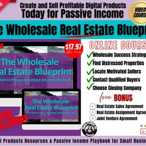 Pode incluir: Um gráfico roxo e turquesa com o texto "The Wholesale Real Estate Blueprint" e "Your Path to Prosperity Without Breaking the Bank". O gráfico também inclui o texto "Acesso gratuito" e "Inscrição aberta". O gráfico também inclui o texto "17,97 € Curso online" e uma lista de tópicos do curso, incluindo "Estratégias de sucesso no atacado", "Encontrar propriedades em dificuldades", "Localizar vendedores motivados", "Contatar compradores qualificados" e "Escolher uma empresa de fechamento".