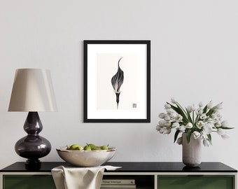 May include: A black and white illustration of a single calla lily flower in a black frame. The flower is depicted in a minimalist style with a red accent at the center.
