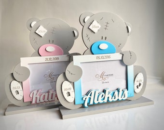 Marco de madera personalizado con forma de osito de peluche, regalo personalizado para recién nacidos, recuerdo para anunciar el nacimiento del bebé, decoración para la habitación del bebé.