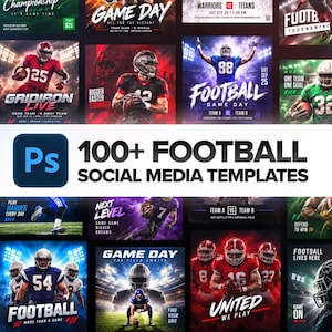 May include: A collection of 100+ football social media templates featuring dynamic imagery of American football players in various uniforms, stadium lighting, and bold typography with phrases like Game Day, Gridiron Live, and Football Game Day.