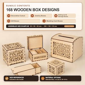 May include: A digital bundle of 168 wooden box designs including decorative, jewelry, sliding-lid, gift, and wedding card boxes. The image displays five assembled light-colored wooden box examples with intricate laser-cut patterns and text.