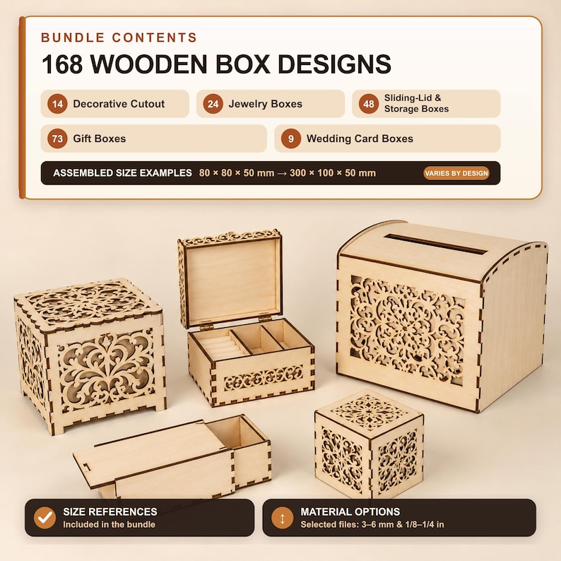 May include: A digital bundle of 168 wooden box designs including decorative, jewelry, sliding-lid, gift, and wedding card boxes. The image displays five assembled light-colored wooden box examples with intricate laser-cut patterns and text.