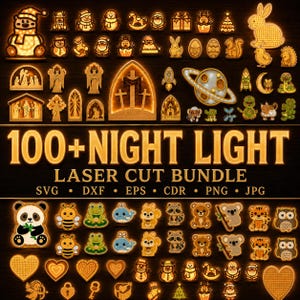 Pode incluir: Uma coleção digital de mais de 100 designs de luzes noturnas cortadas a laser com vários ícones como animais, símbolos religiosos, planetas e corações. O texto 100+ NIGHT LIGHT LASER CUT BUNDLE SVG DXF EPS CDR PNG JPG é exibido no centro.