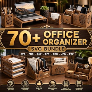 70+ Desk Organizer SVG Bundle, Laser Cut Office Storage Designs, Wooden File Holder Templates, Glowforge CNC Cut Files