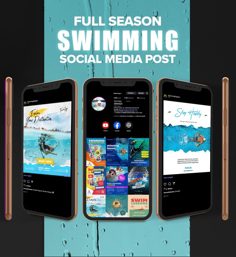 Swimming Social Media Templates Bundle for Instagram, Pool Party Posts