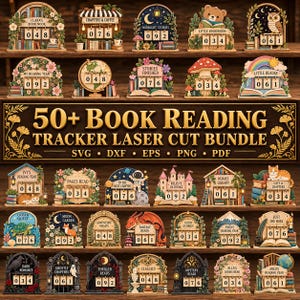 Könnte beinhalten: Eine Sammlung von lasergeschnittenen Lese-Trackern aus Holz mit verschiedenen Motiven wie Tieren, Fantasy und Natur, jeweils mit drehbaren Zahlenblöcken. Der zentrale Text lautet 50+ BOOK READING TRACKER LASER CUT BUNDLE SVG DXF EPS PNG PDF.