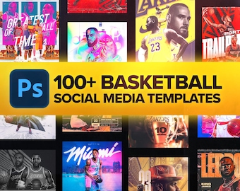 100+ Basketball Social Media Vorlagen für Photoshop | Bearbeitbares Sportkit für Spieltag, Spieler, Trainer, Stats, Camps und Spielpläne