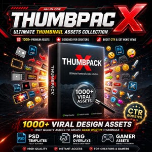 Pode incluir: Gráfico promocional para "THUMBPAC X", uma coleção de recursos de miniaturas. O design inclui o texto "1000+ Viral Assets" e ícones para modelos PSD, sobreposições PNG e recursos de jogador. Projetado para criadores.